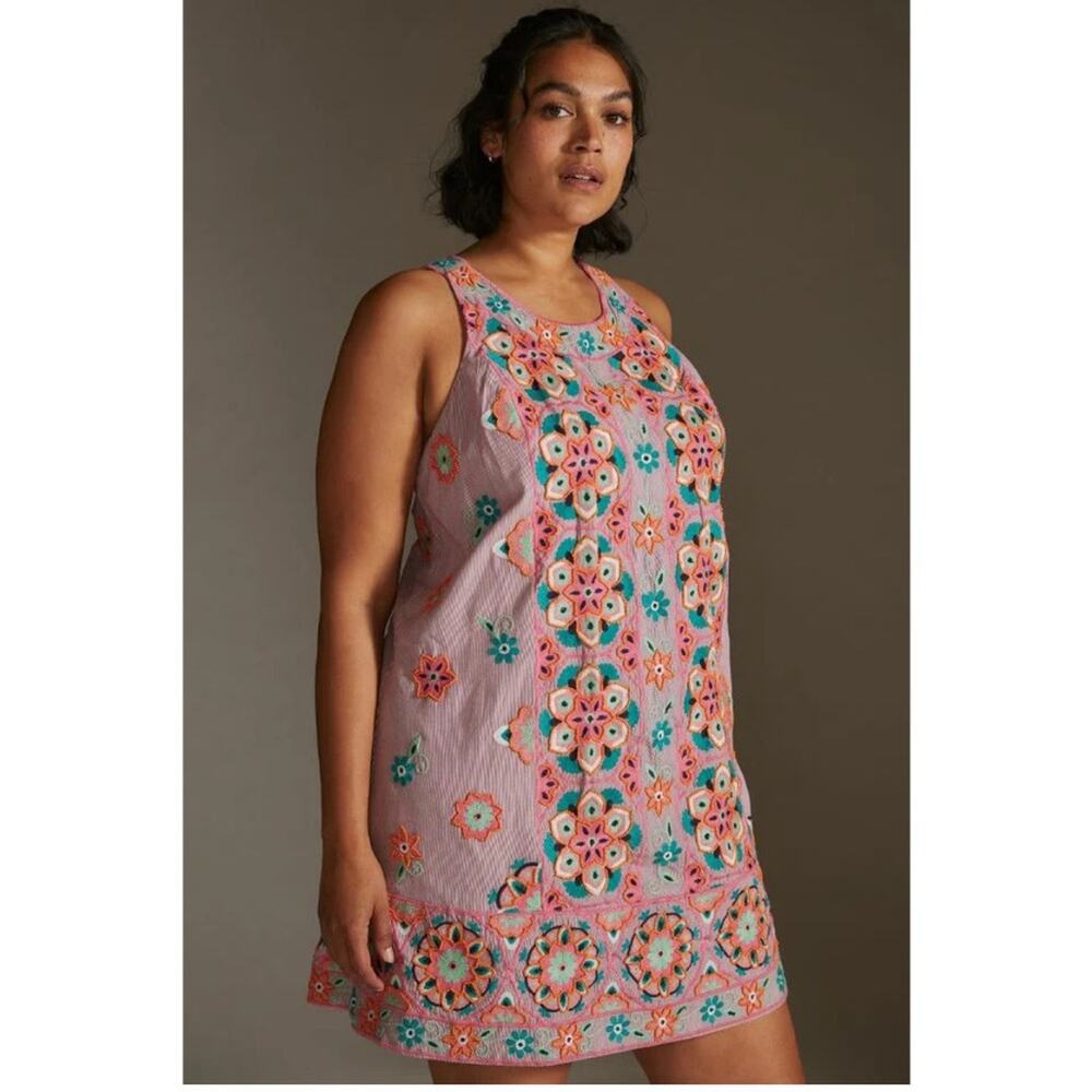 Anthropologie Floral Embroidered Mini Dress - Pink and Orange